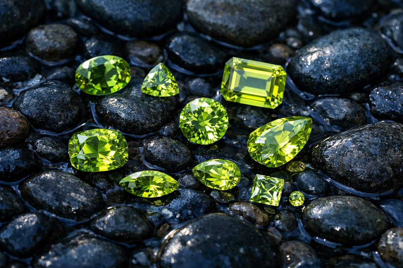 a selection of peridot gemstones in various shades of green on a soft surface