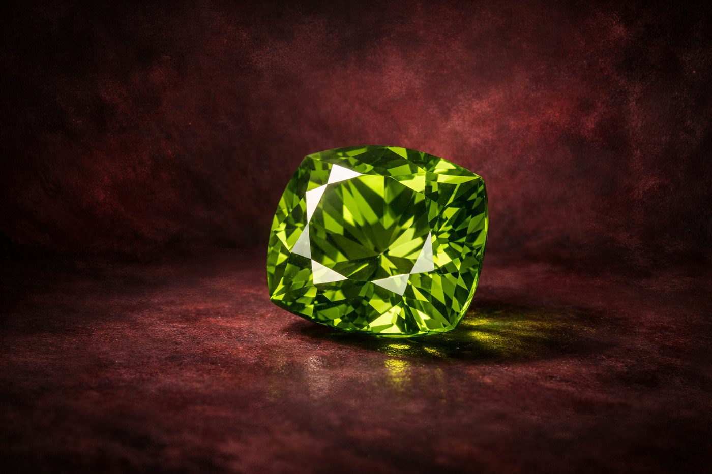 a close-up of a beautifully cut peridot gemstone highlighting its facets and brilliance