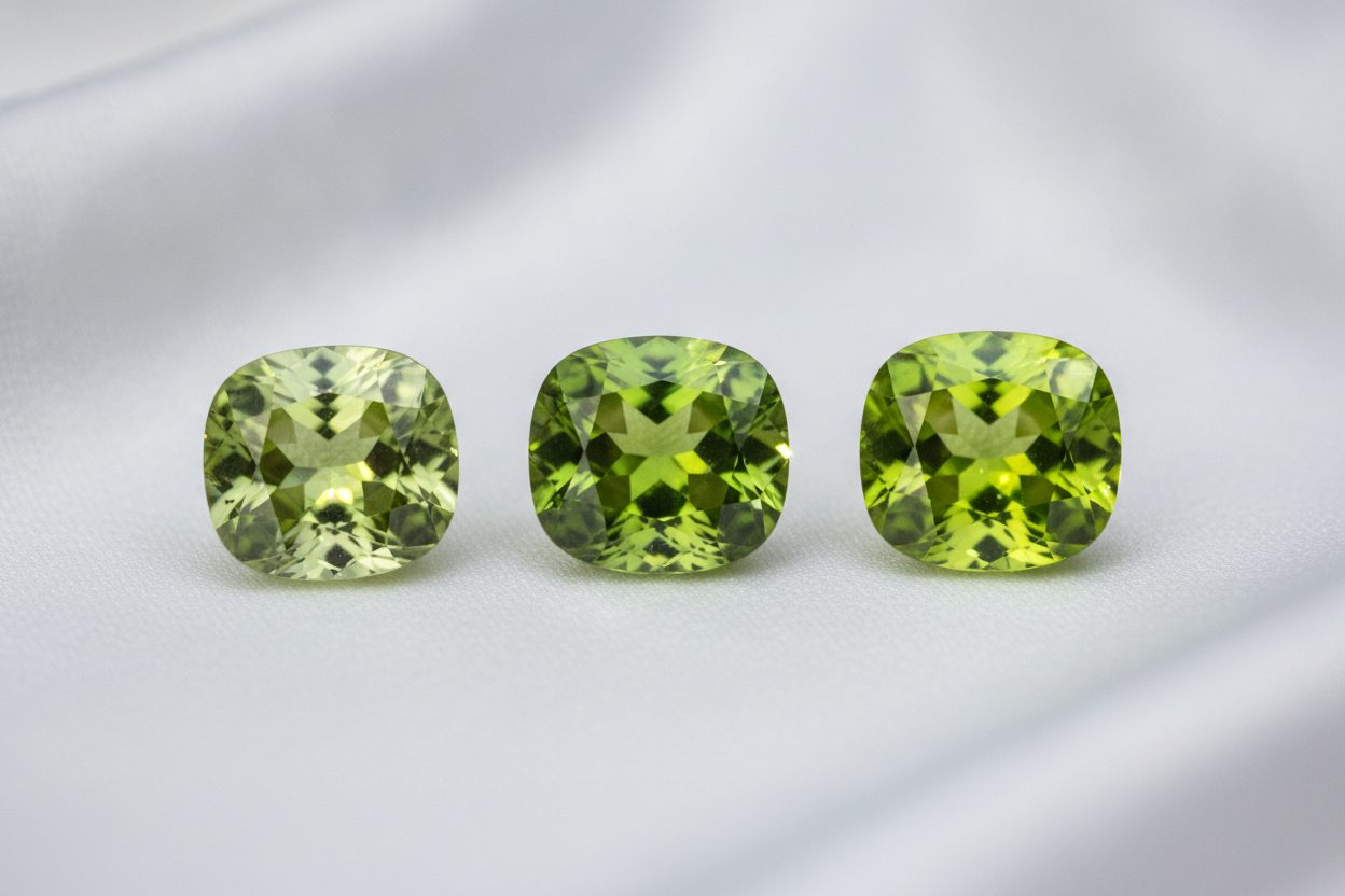 Three loose peridots showing pale, medium and vivid green saturation side by side on white