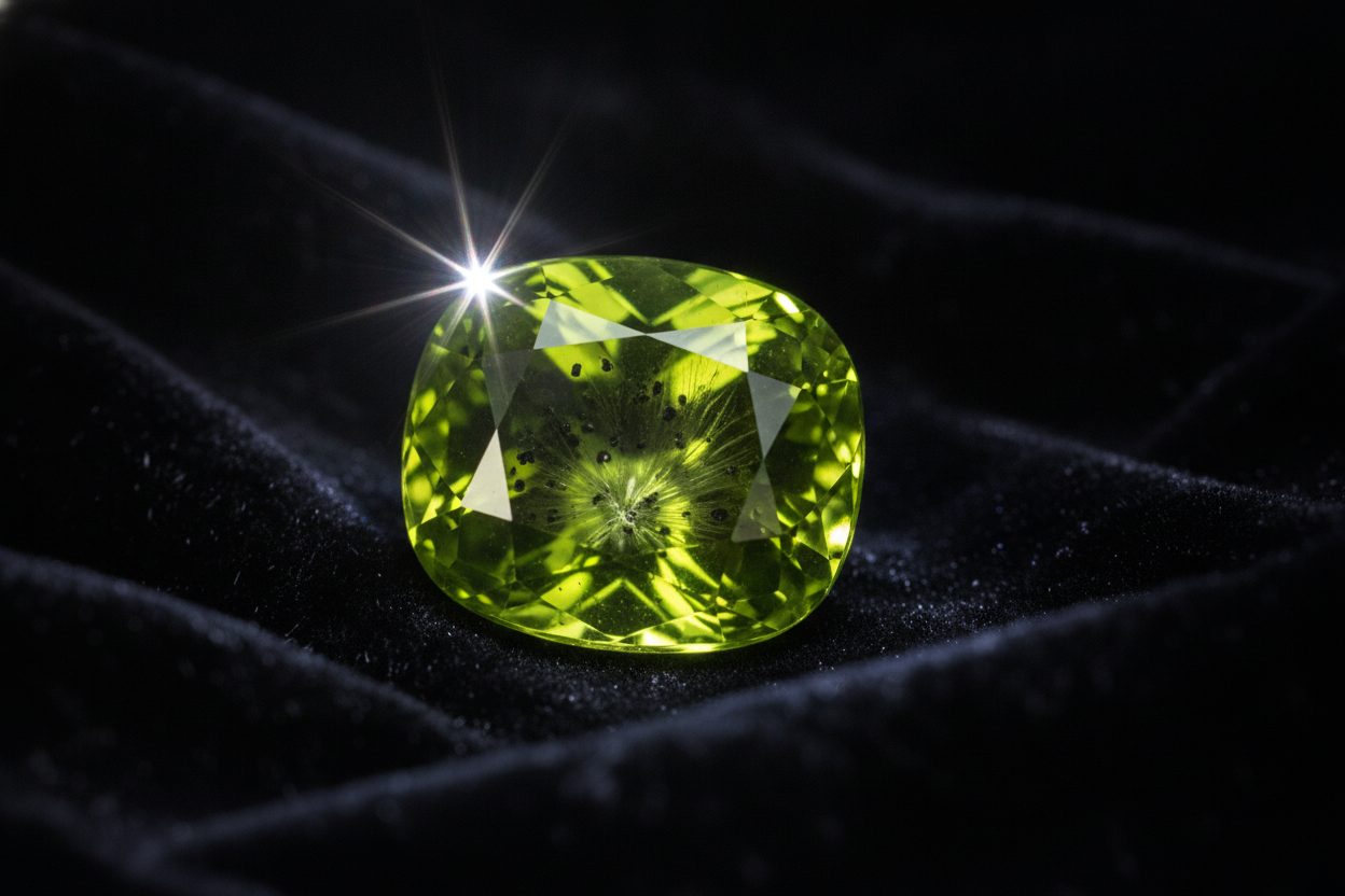 Macro view inside peridot revealing tiny black chromite crystals and feather-like fracture