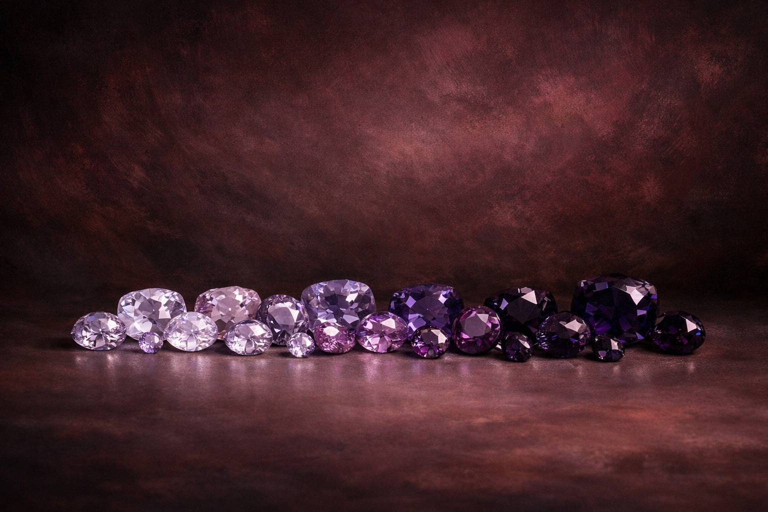 a gradient display of purple spinel stones from light lavender to deep violet, on a smooth surface