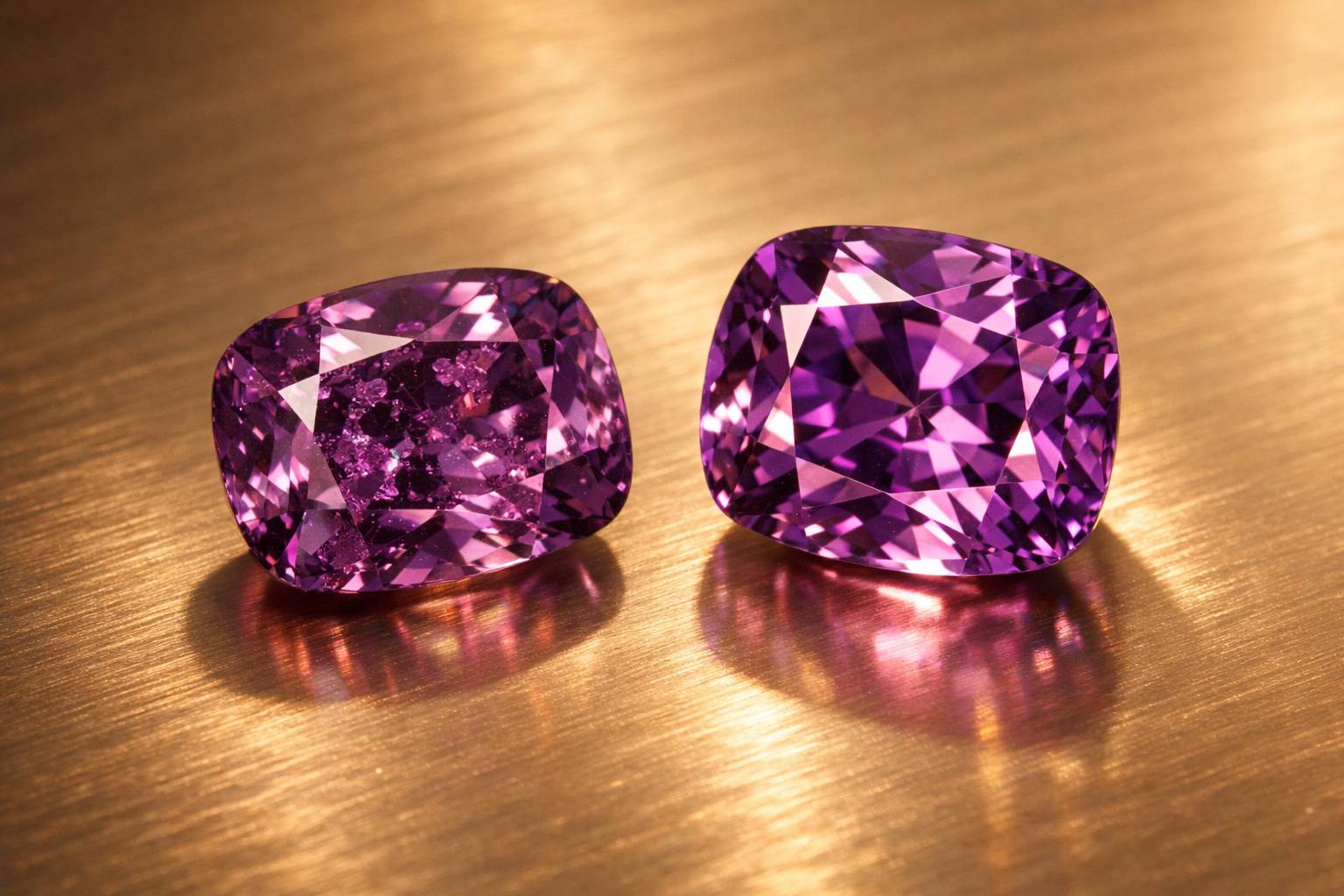 close-up view of two purple spinel stones, one with inclusions and one flawless, on a neutral background