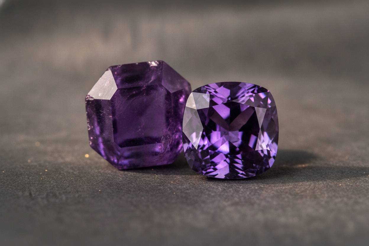 Rough purple spinel octahedral crystal beside a faceted stone on neutral dark background