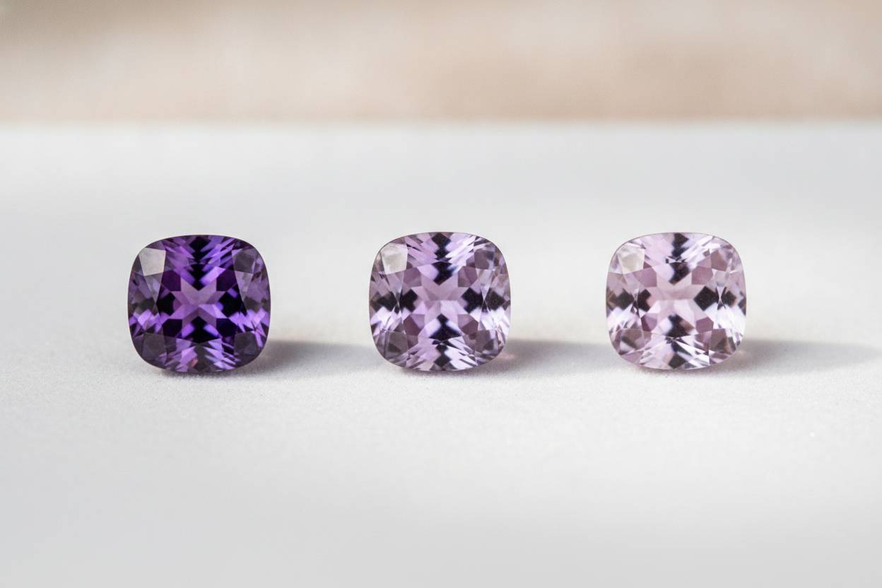 Three purple spinels of differing saturation arranged in a row on white card, top lighting