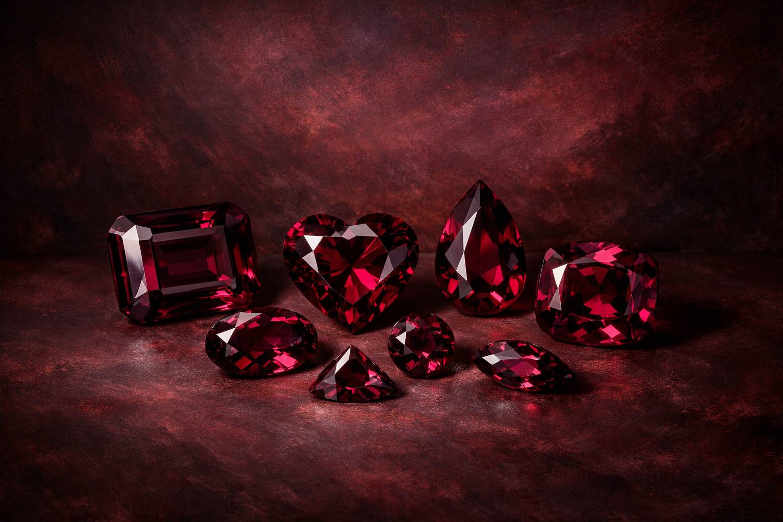 an array of rhodolite garnets in different cuts, displayed elegantly on a neutral background