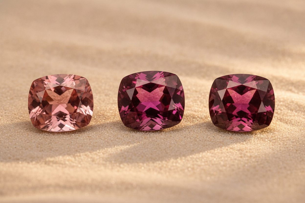 Three rhodolite garnets of varying saturation side by side under even indoor lighting