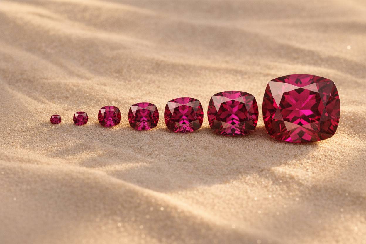 Graduated row of faceted rhodolite garnets from small to large on pale background