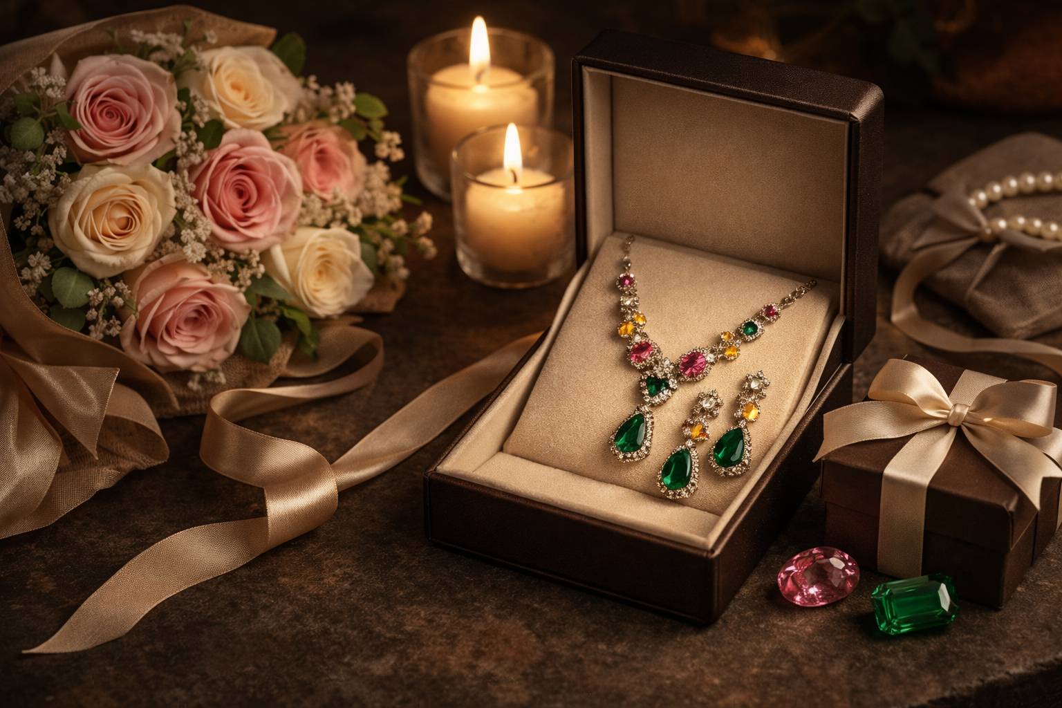 A close-up of thoughtful gift options like flowers and jewelry