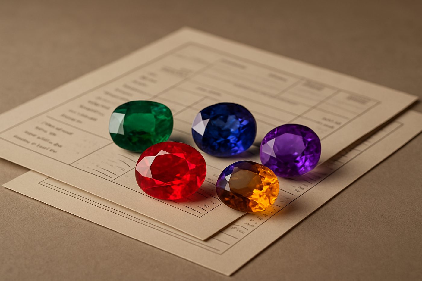 an assortment of gemstones next to tariff documents on a neutral surface