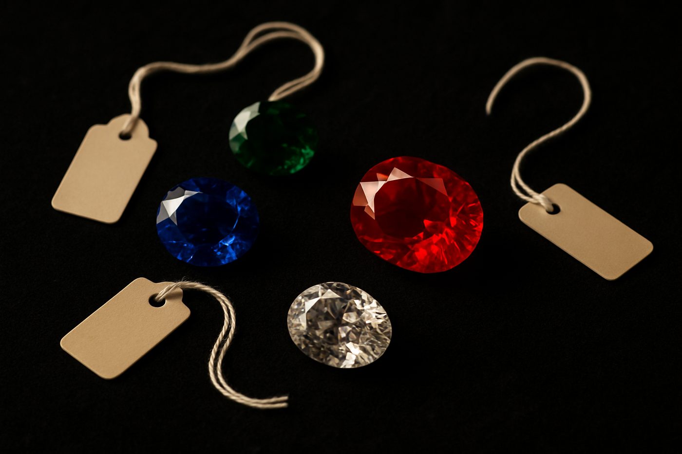 a close-up of gemstones with price tags reflecting varying tariff rates