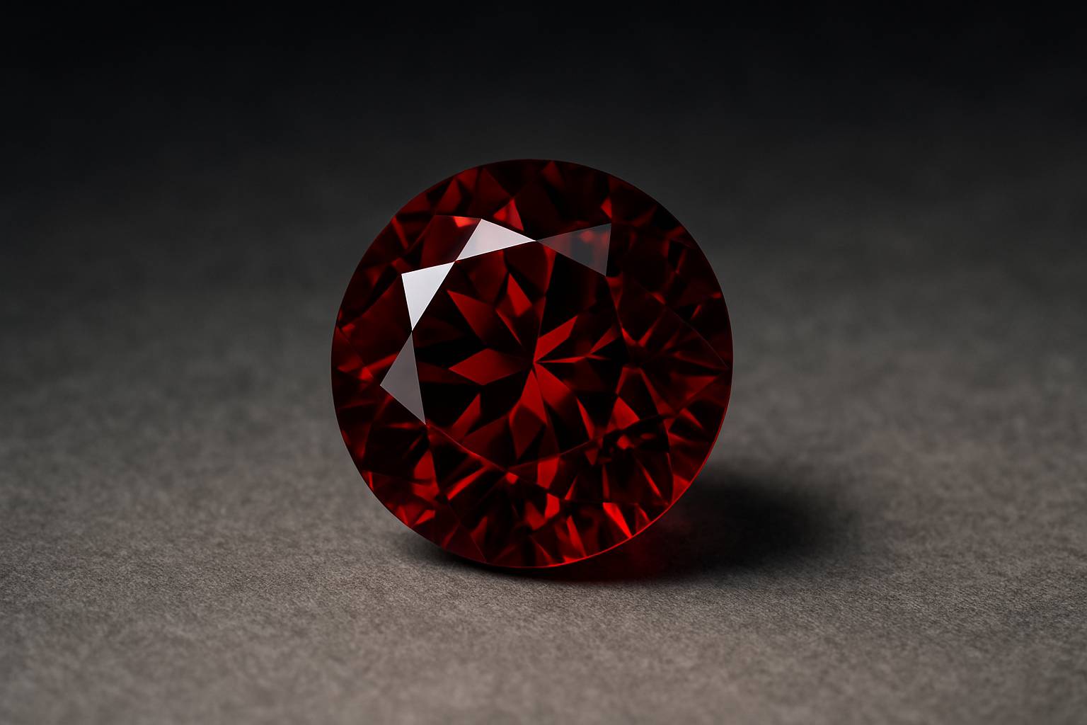 a close-up of a deep red garnet on a neutral surface, showcasing its brilliance