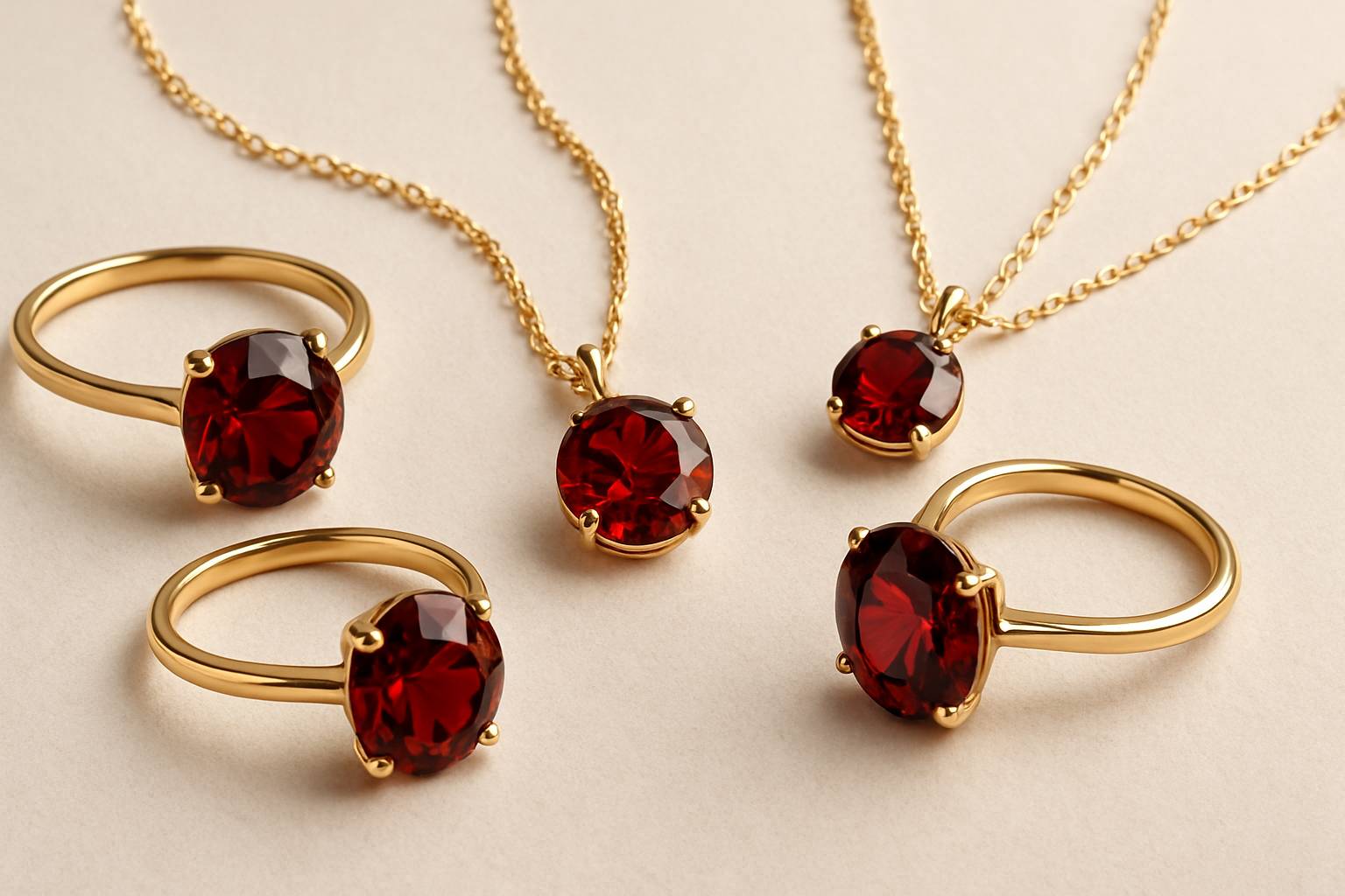 a collection of garnet rings and necklaces arranged artistically on a light background