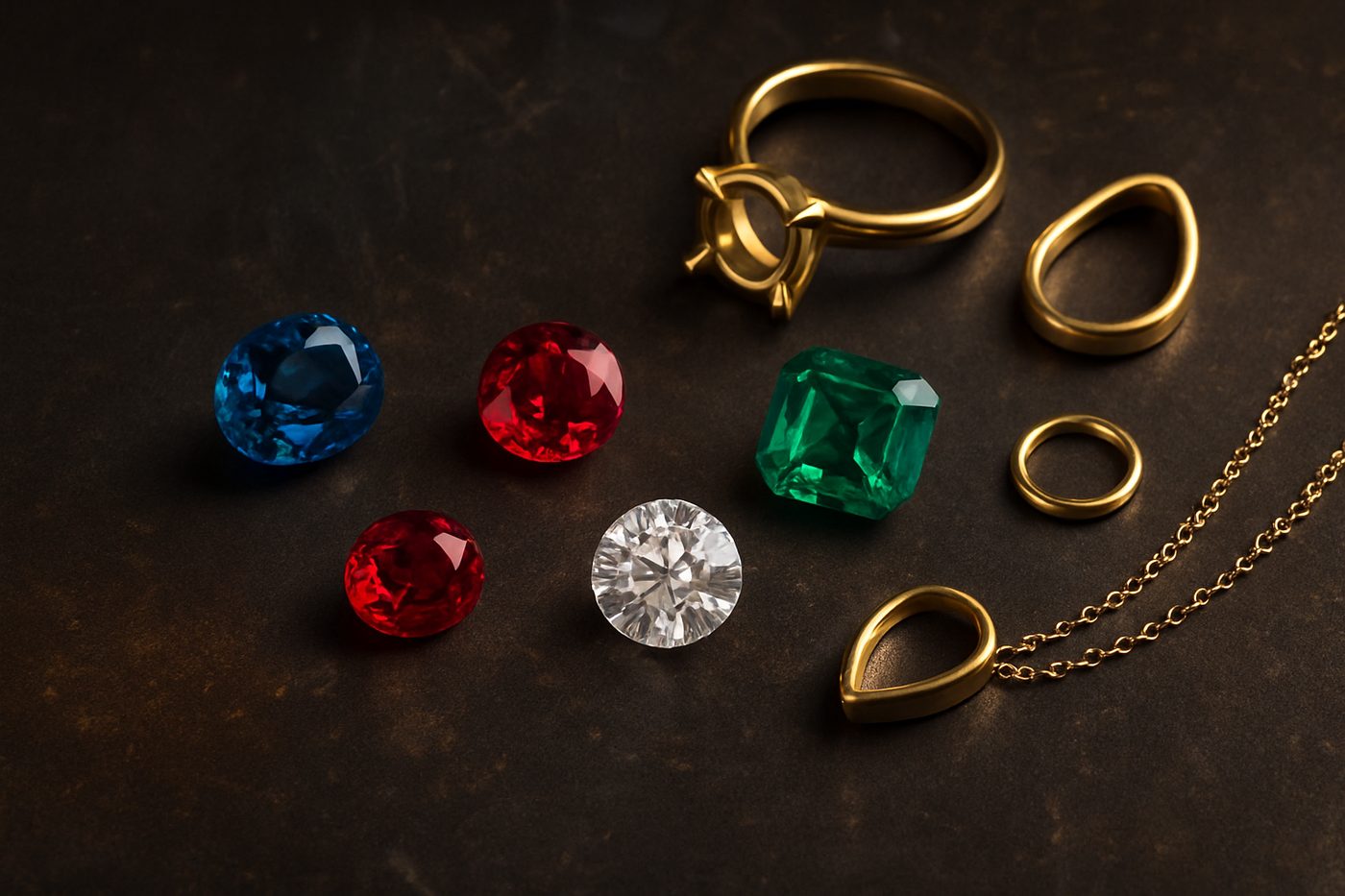 a close-up of high-quality gemstones and precious metals on a stylish surface