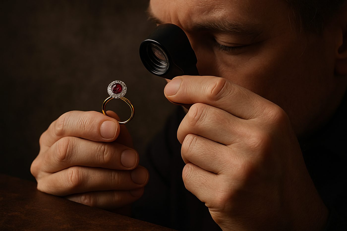 a jeweler inspecting a finished piece under soft lighting, showcasing attention to detail