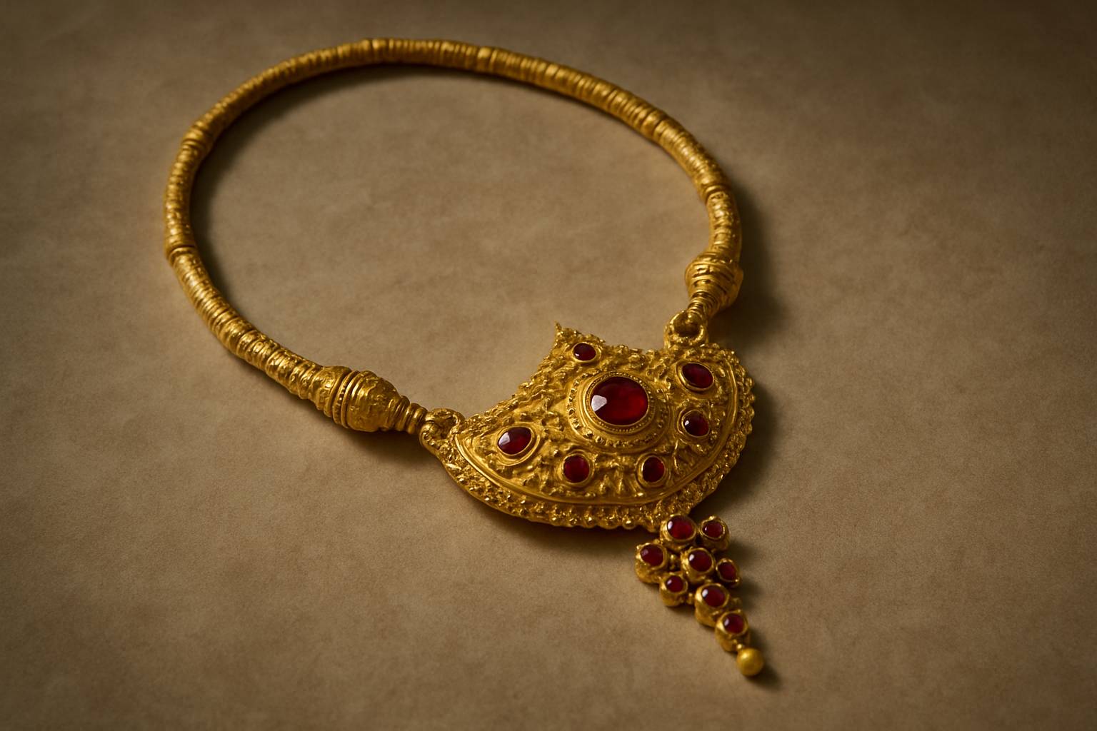 a beautifully crafted traditional Thai gold necklace on a neutral surface
