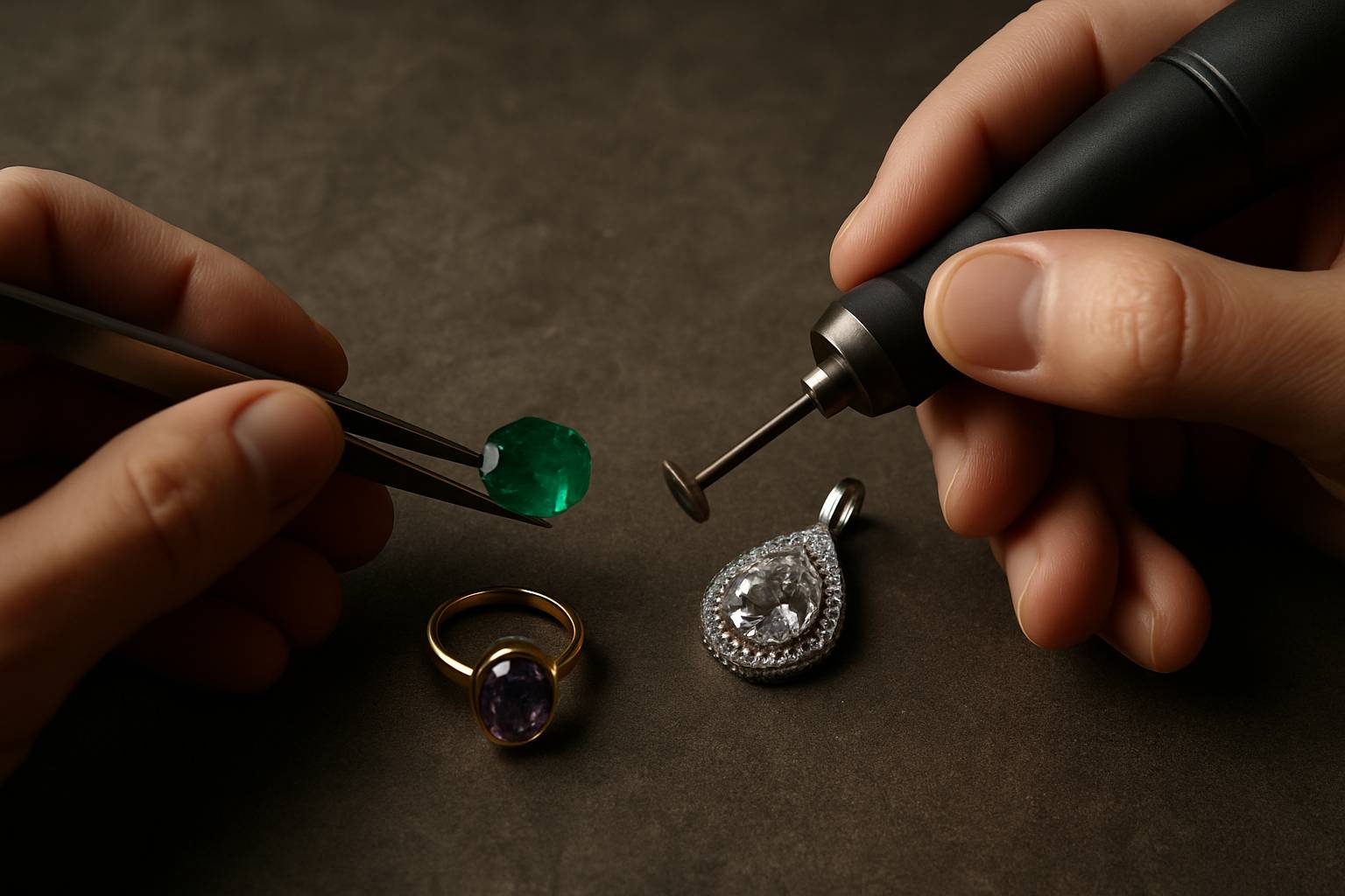 a close-up of artisans working on jewelry pieces in a workshop