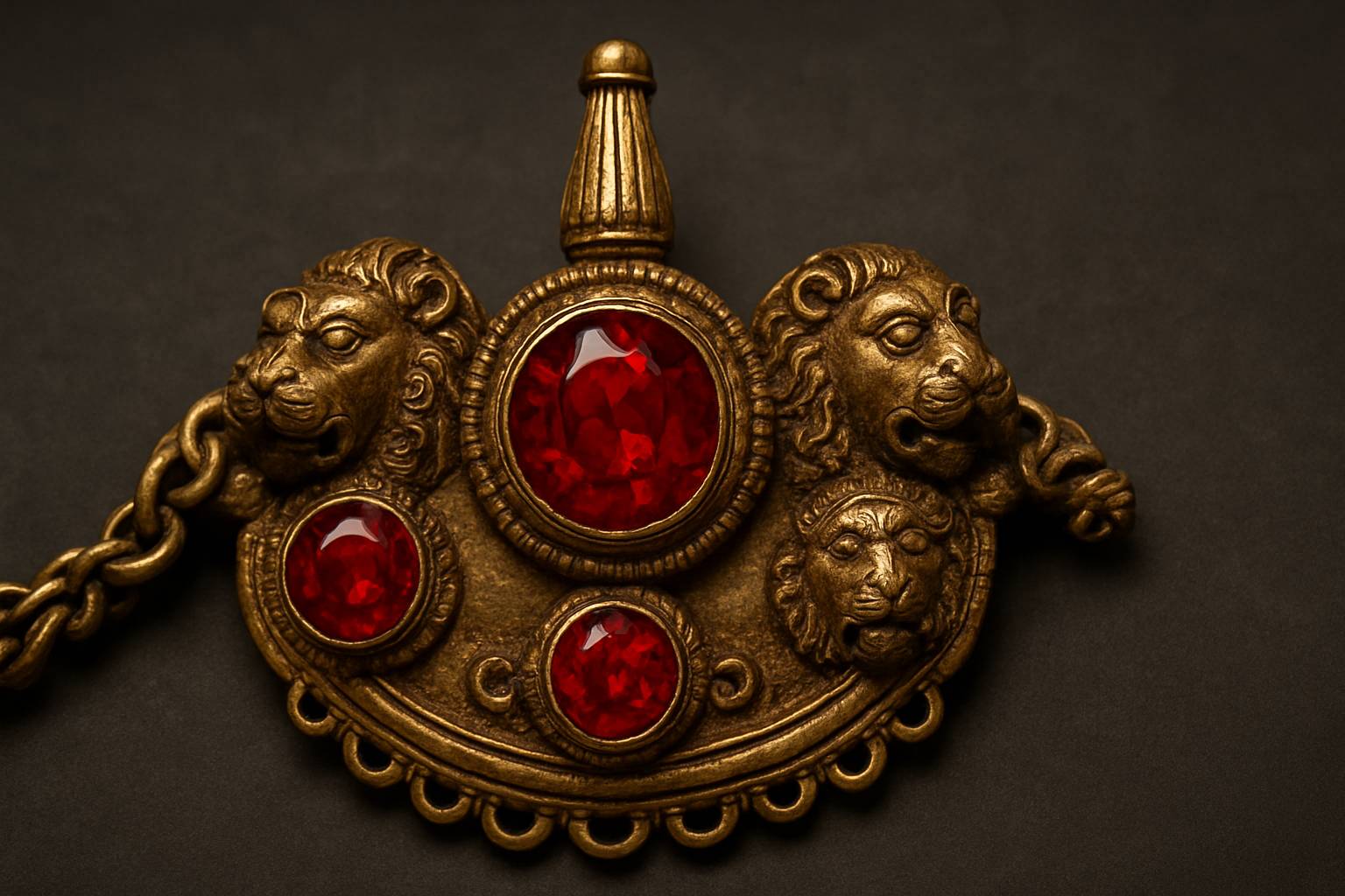 an ancient Indian warrior's jewelry featuring rubies, displayed on a neutral background