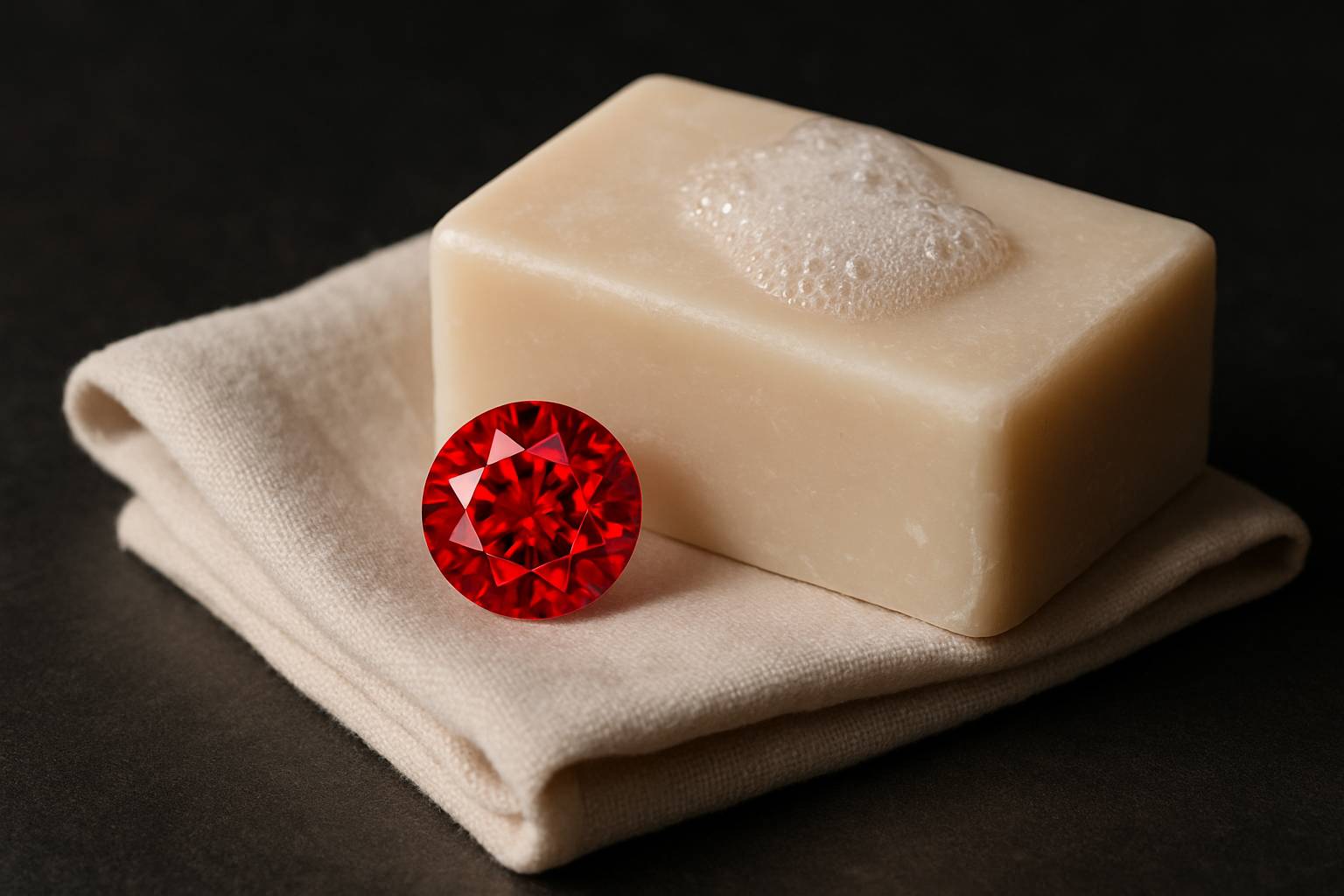 a soft cloth and mild soap with a ruby piece, arranged on a simple surface