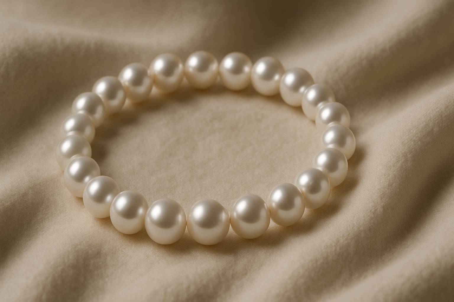 a polished pearl bracelet lying on a soft cloth, emphasizing care and elegance