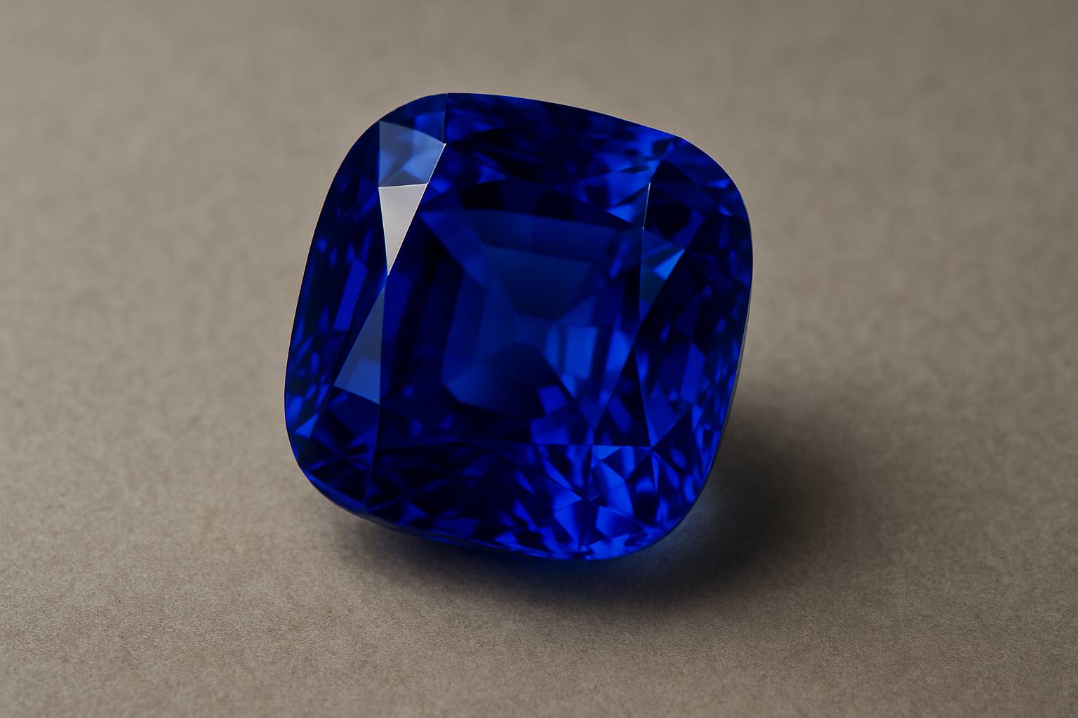 a close-up of a Kashmir sapphire showcasing its rich blue color and clarity on a neutral surface