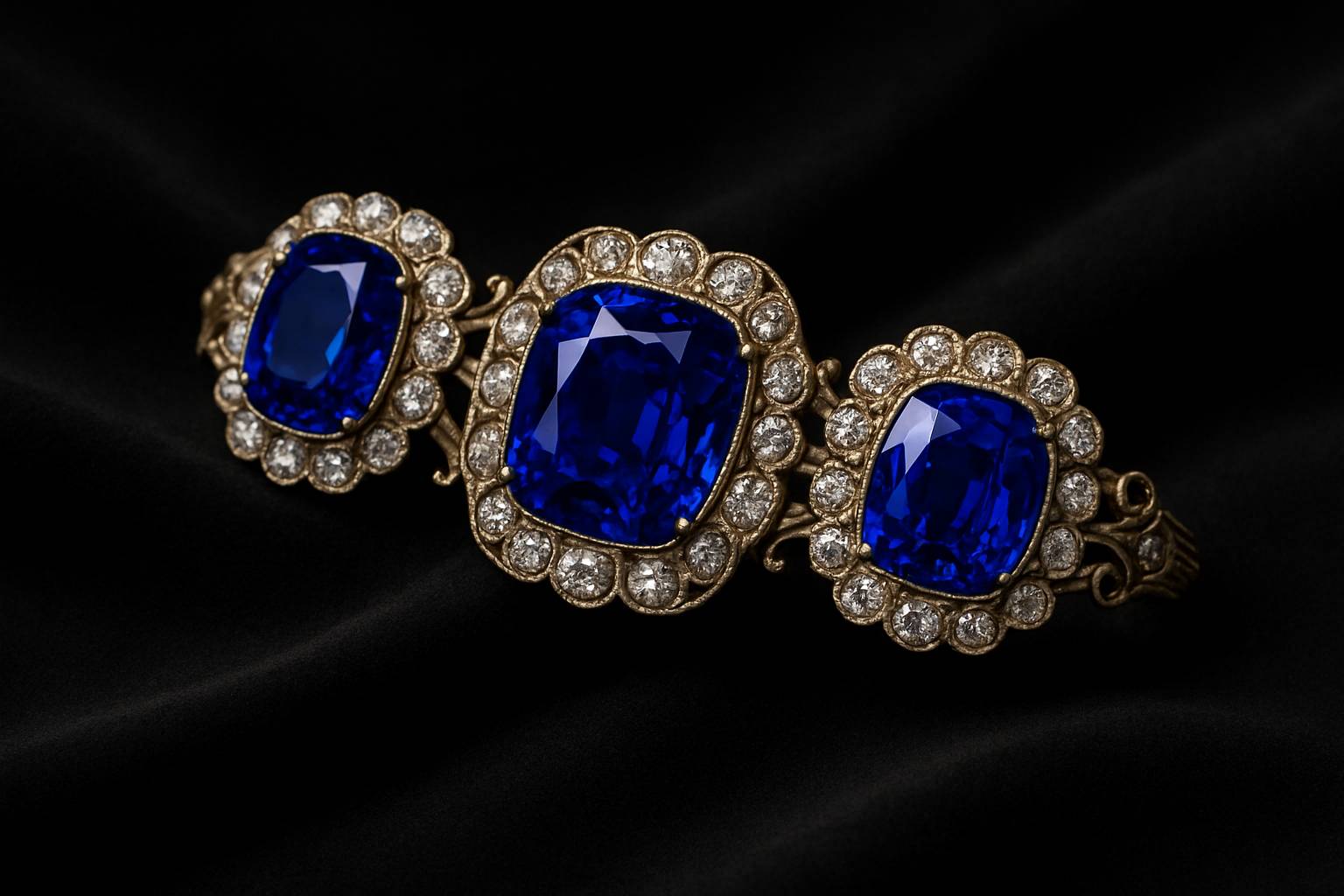 an antique jewelry piece featuring Kashmir sapphires displayed on a soft fabric backdrop