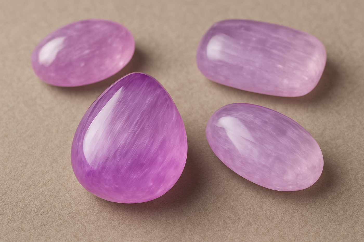 a close-up of various kunzite gemstones showcasing their color variations on a neutral surface