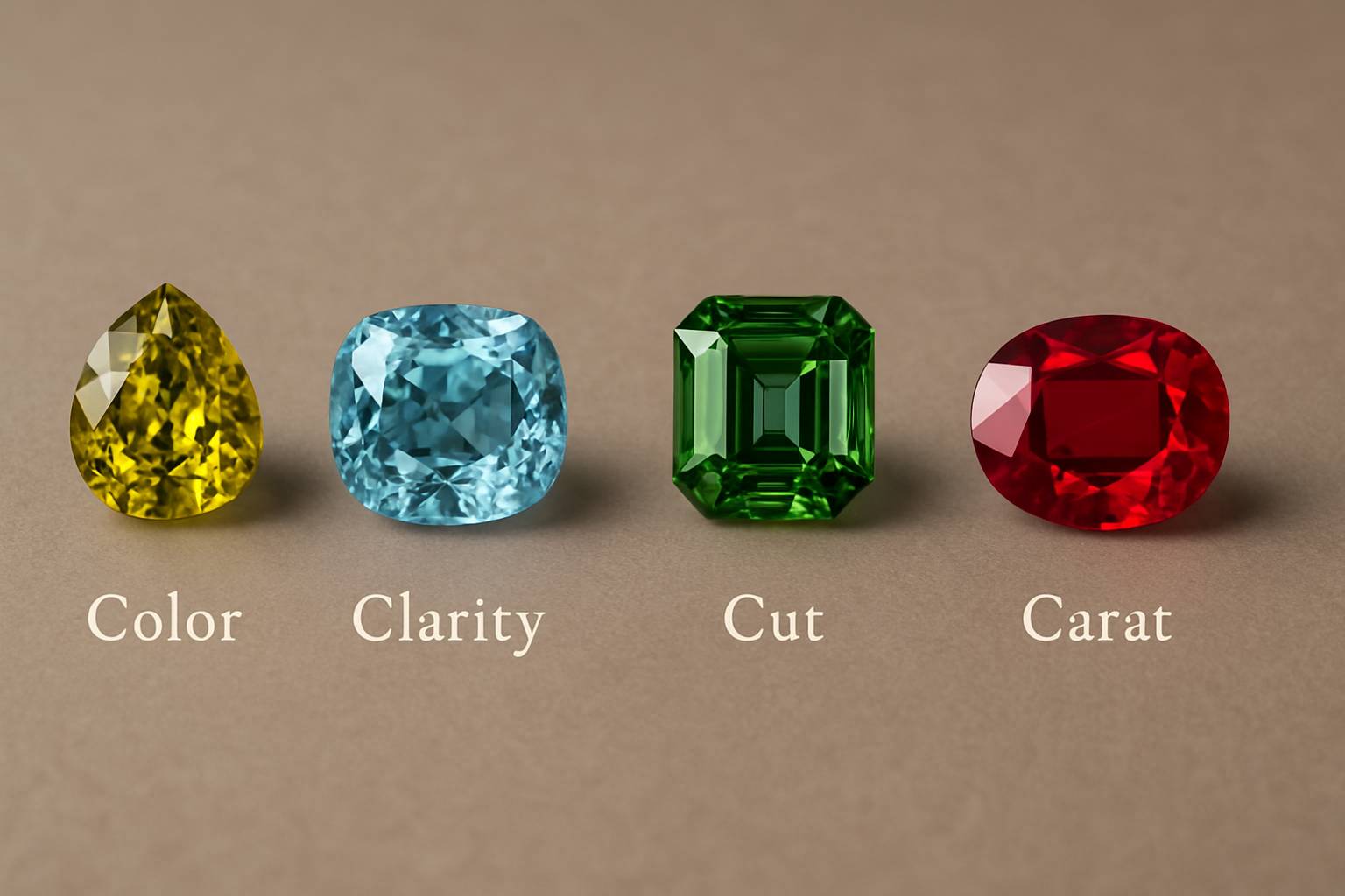 a close-up of the Four Cs of gemstones laid out on a smooth surface