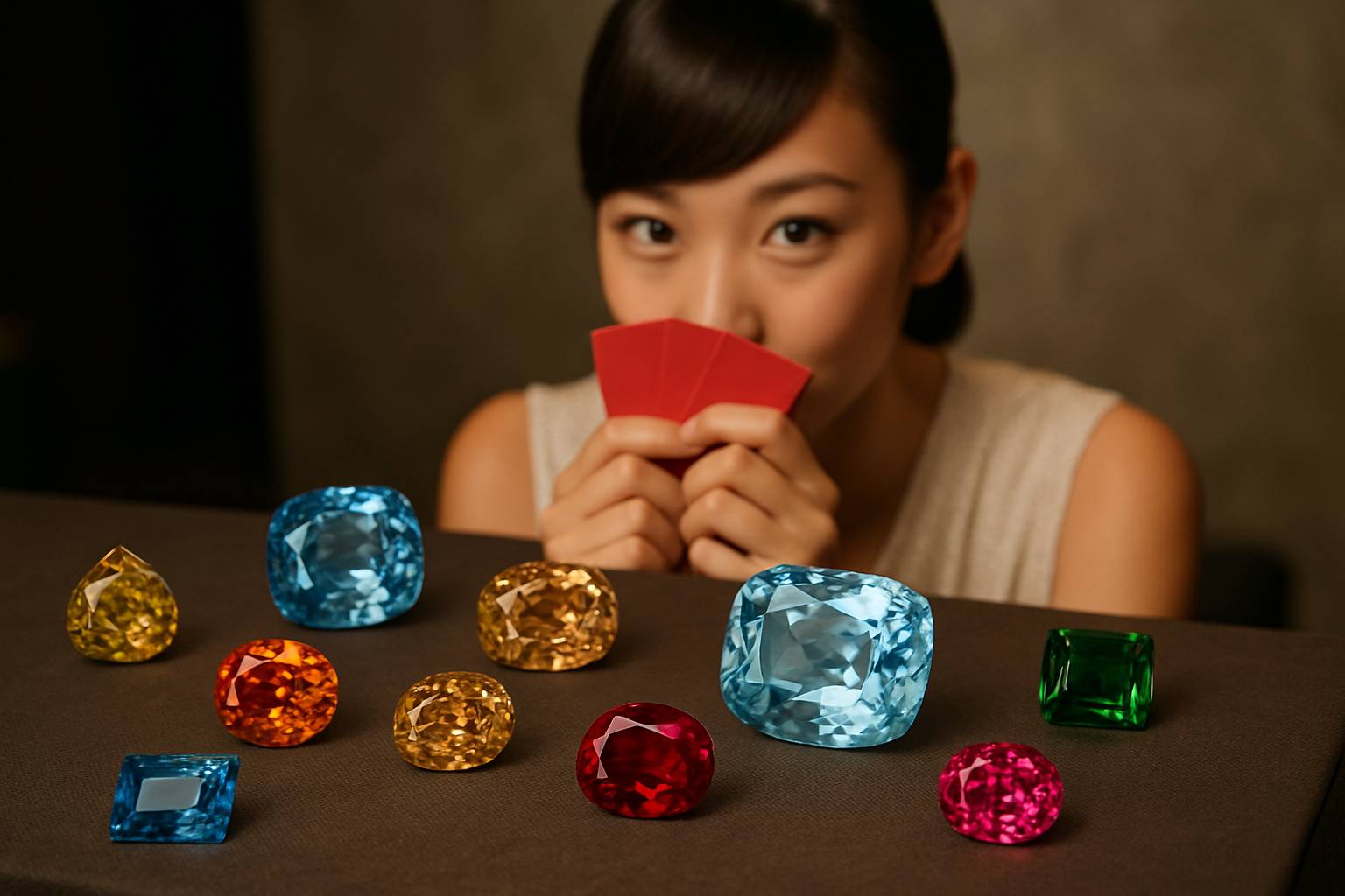 a collection of gemstones at a jewelry show, elegantly arranged on a table
