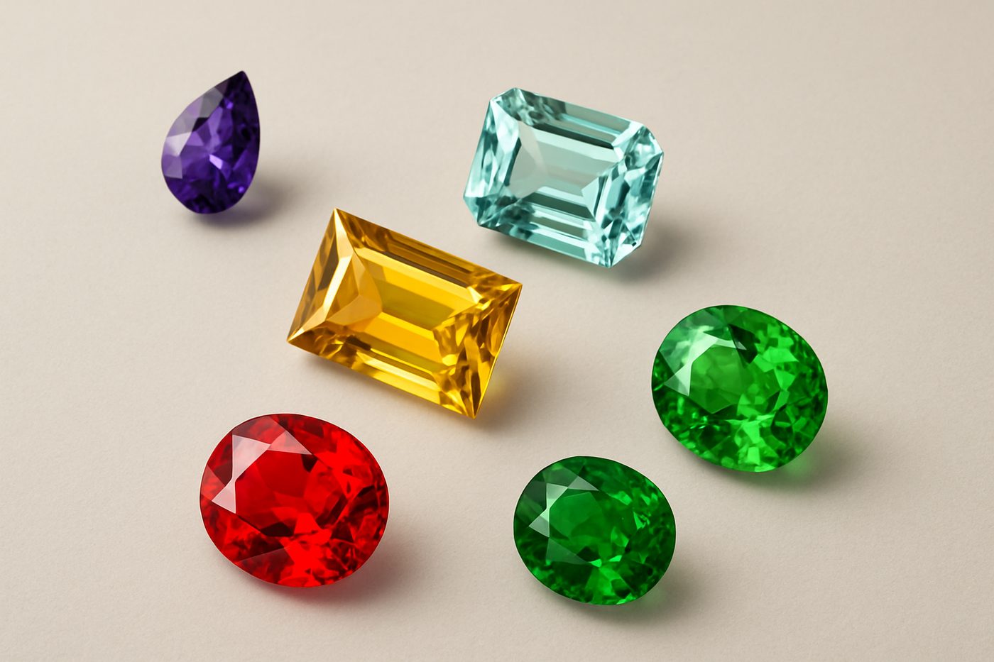 a selection of various gemstones displayed on a neutral surface, highlighting their colors and cuts