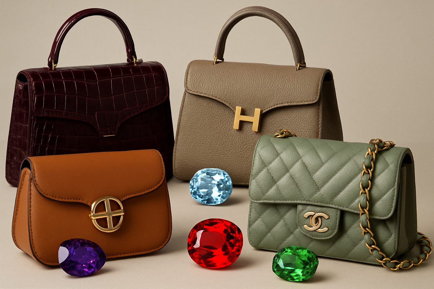 a variety of designer handbags arranged aesthetically on a smooth surface, showcasing their details