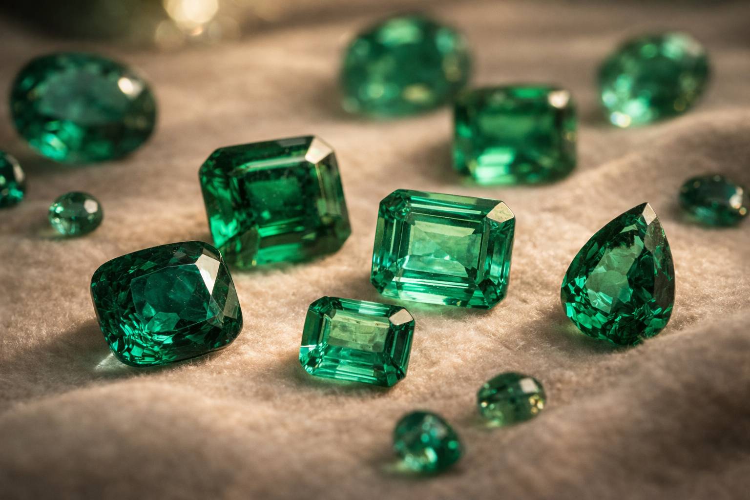 a detailed photograph of various emeralds, highlighting their color differences on a soft surface