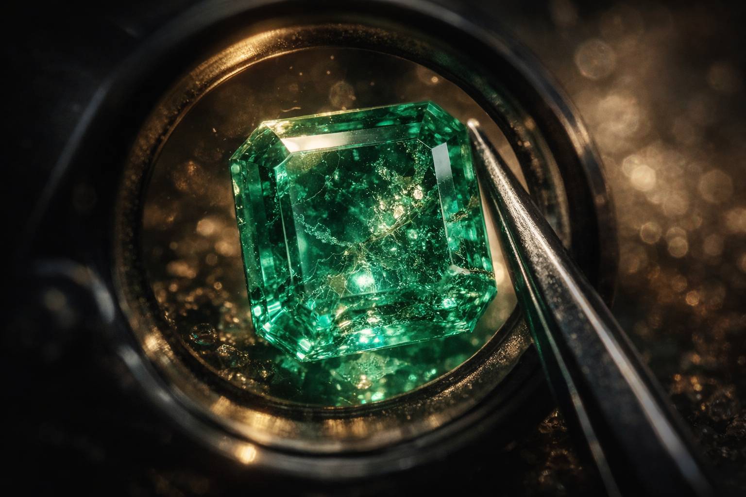 a high-resolution image of an emerald under magnification, showing inclusions and clarity details