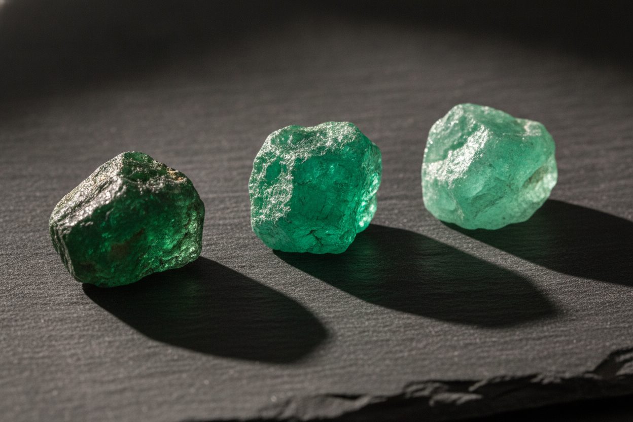 Three rough emerald crystals of differing green hues arranged on slate, raking side light