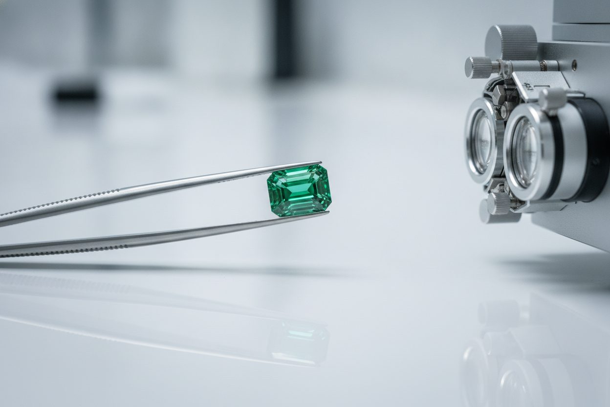 Emerald held in laboratory tweezers beside spectrometer optics, clean bench, cool light