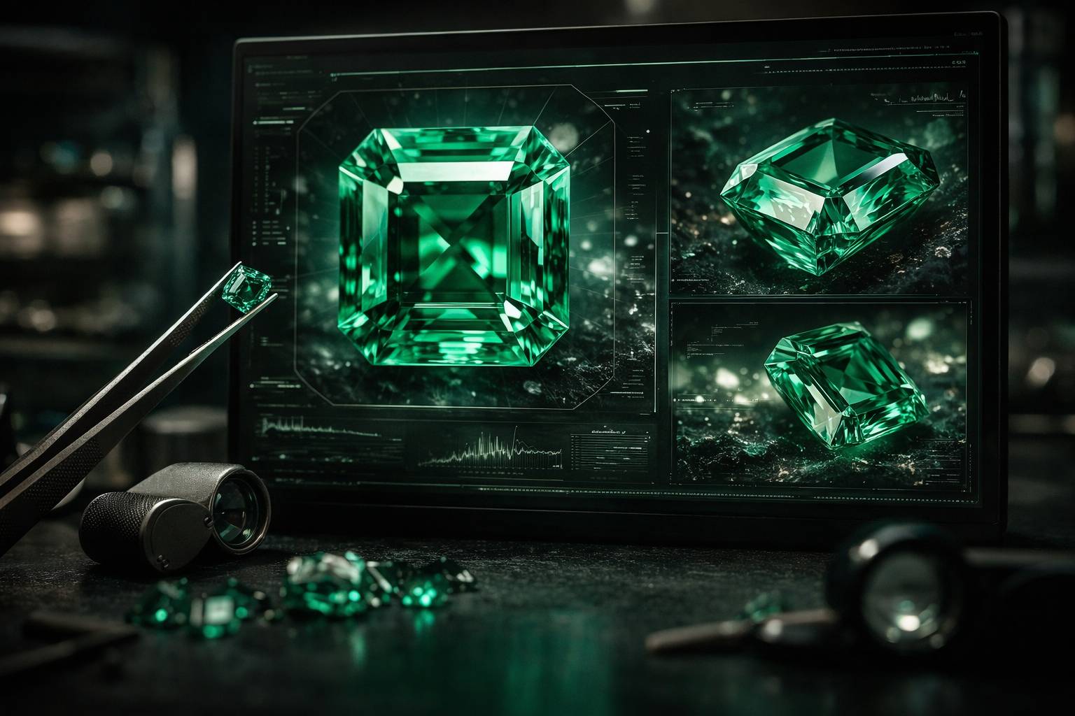high-resolution emerald images displayed on a digital screen with data overlay