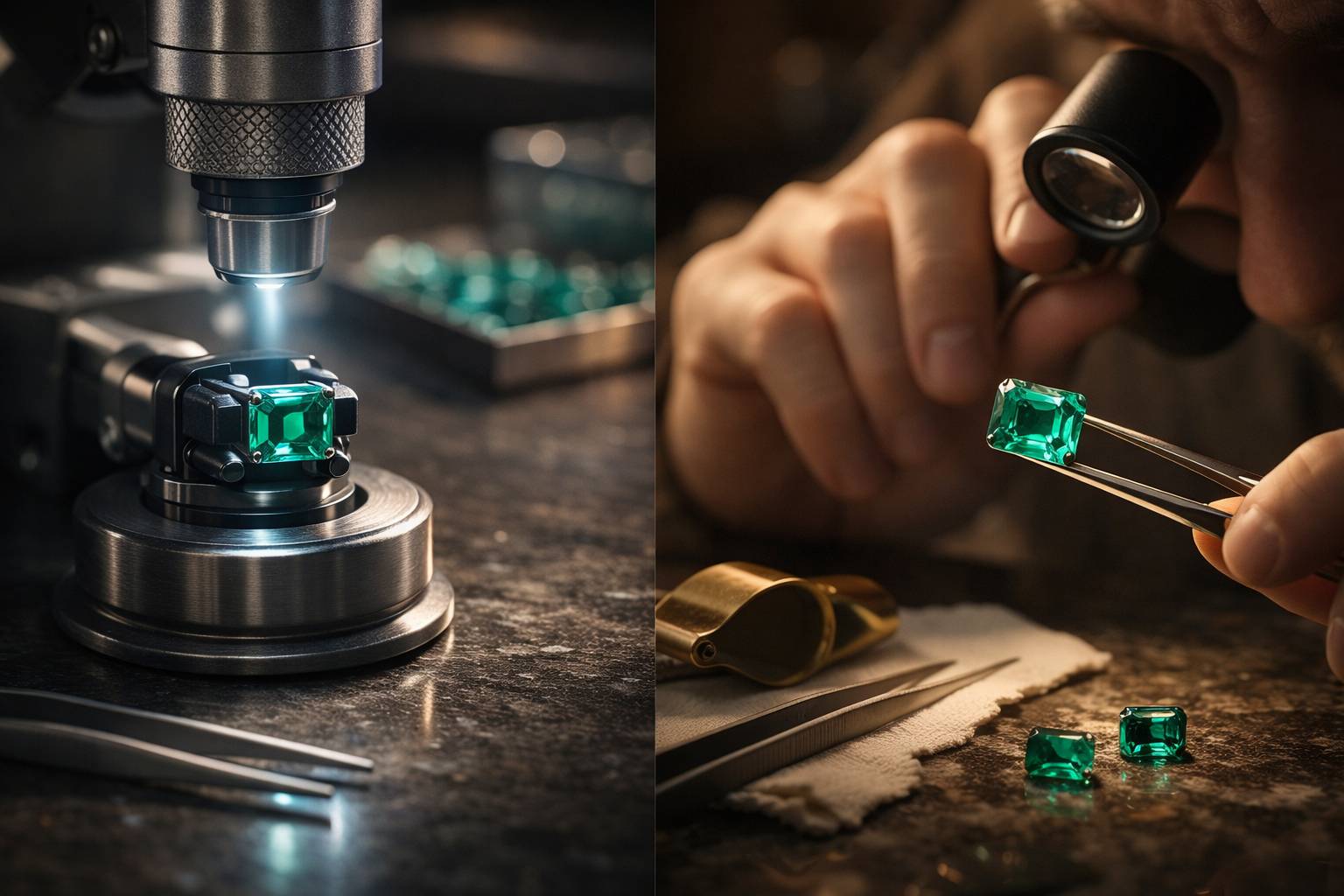 a side-by-side comparison of graded emeralds, one by machine and one by a human expert