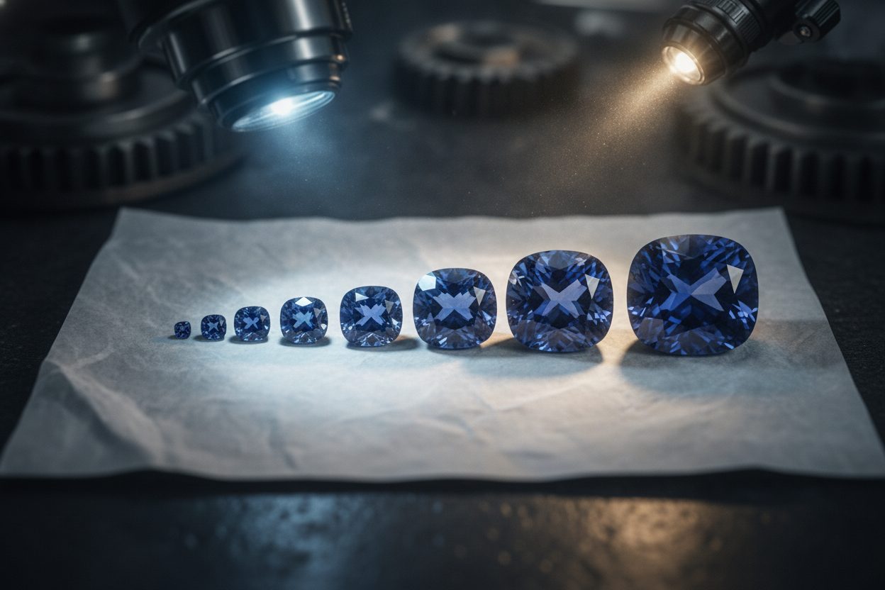 Graduated row of loose sapphires ascending in size on white paper parcel, overhead macro