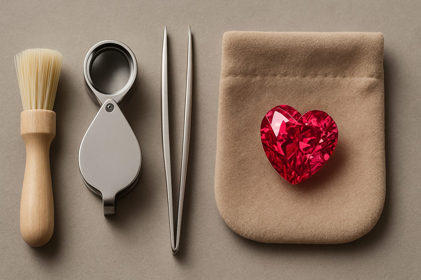 a collection of cleaning tools and a Mahenge Spinel in a soft pouch on a neutral surface