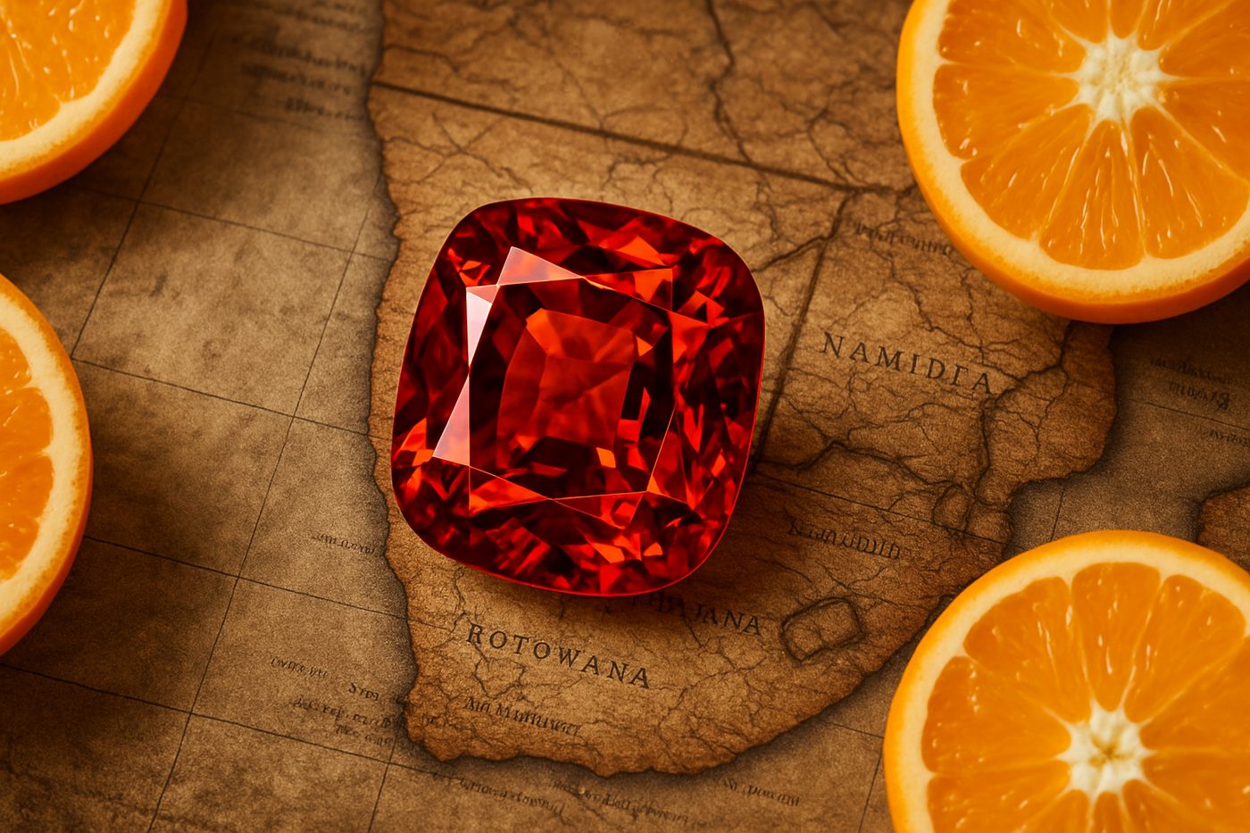 a map highlighting Namibia, the primary source of mandarin garnet