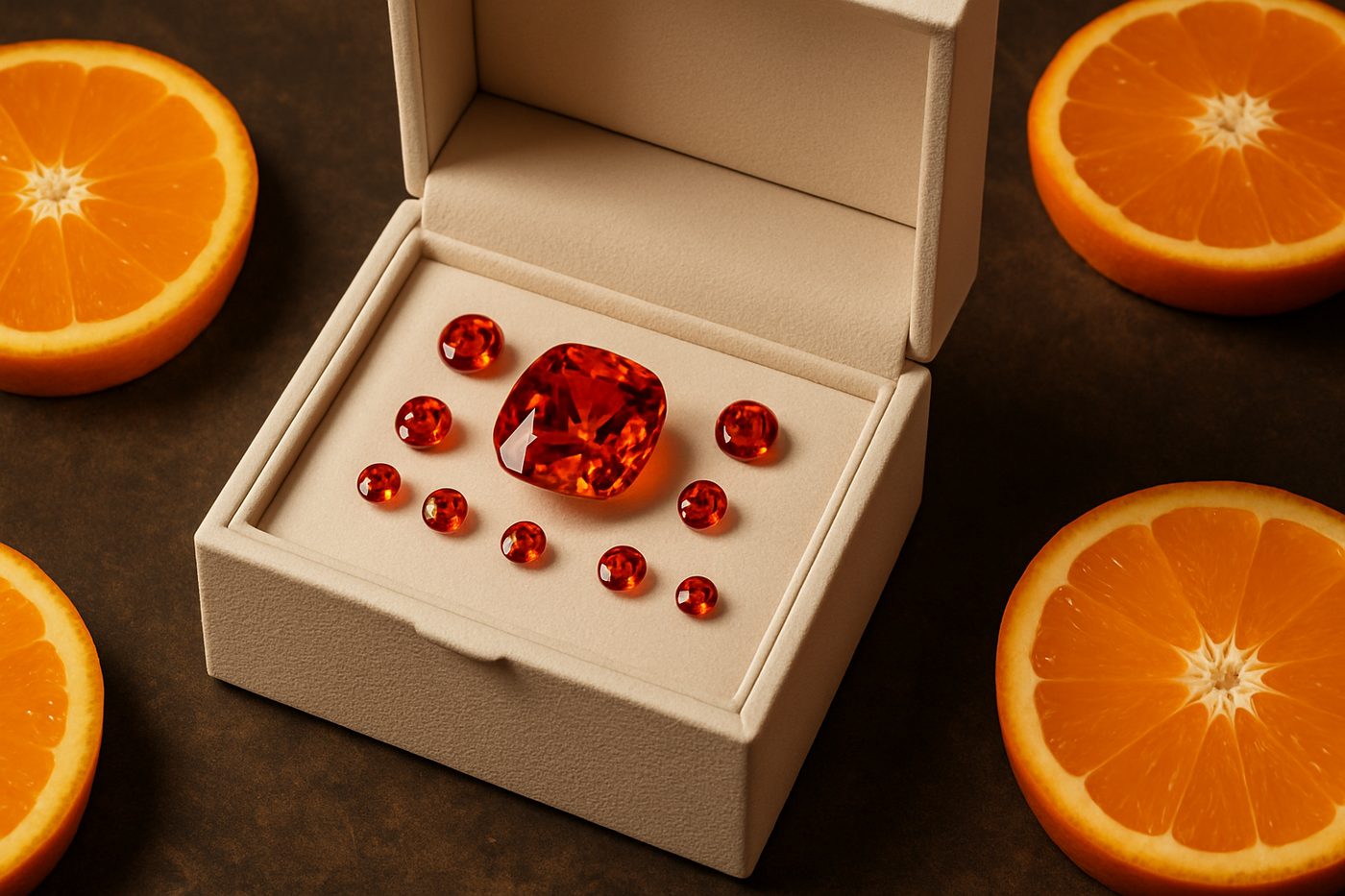 a clean jewelry box with mandarin garnet pieces neatly arranged inside