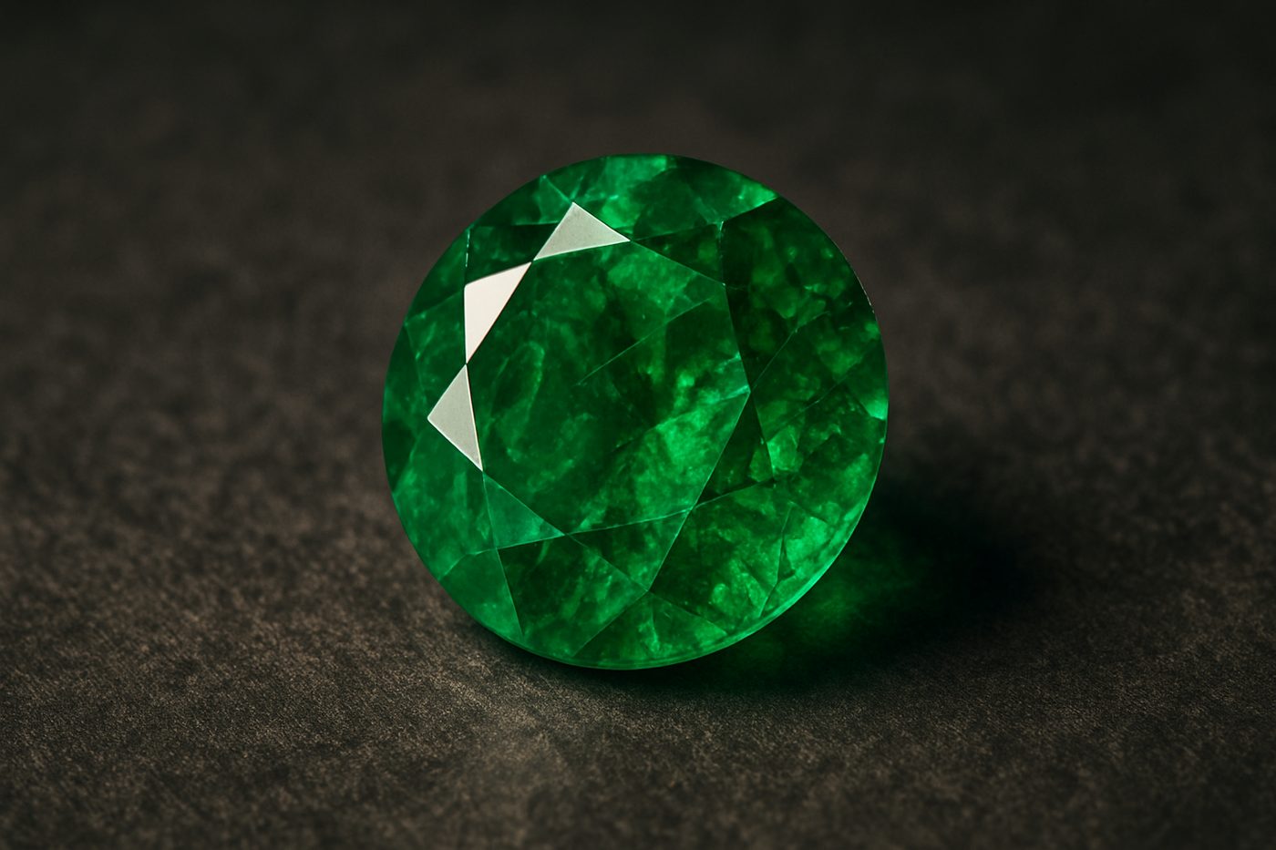 a close-up of a cut emerald, showcasing its vibrant green color and inclusions