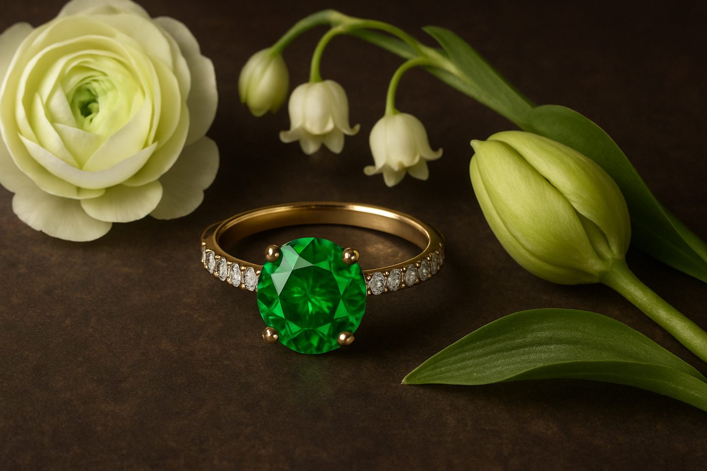 a beautifully arranged emerald ring alongside fresh spring flowers, symbolizing renewal