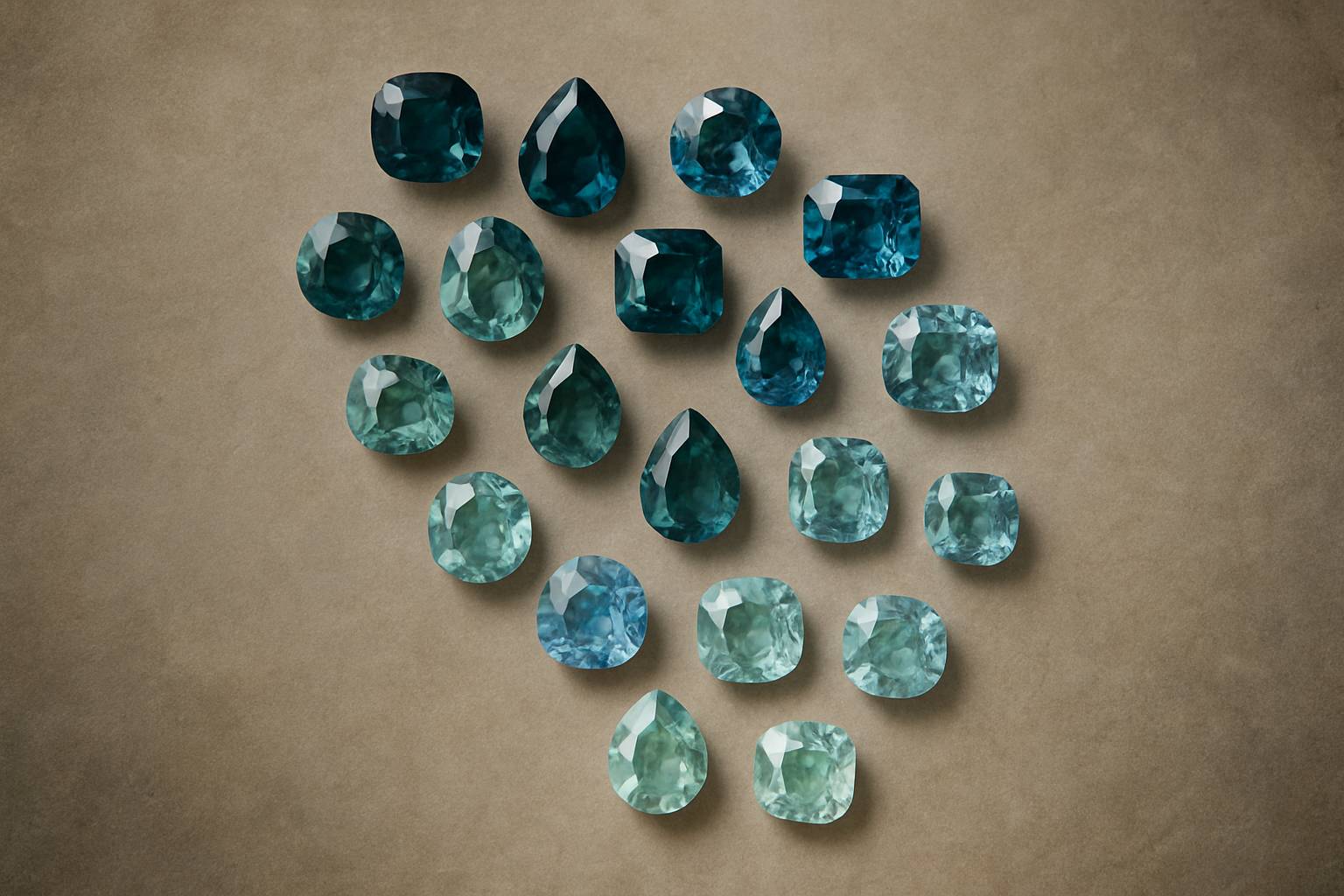 a display of montana sapphires in different colors arranged artistically