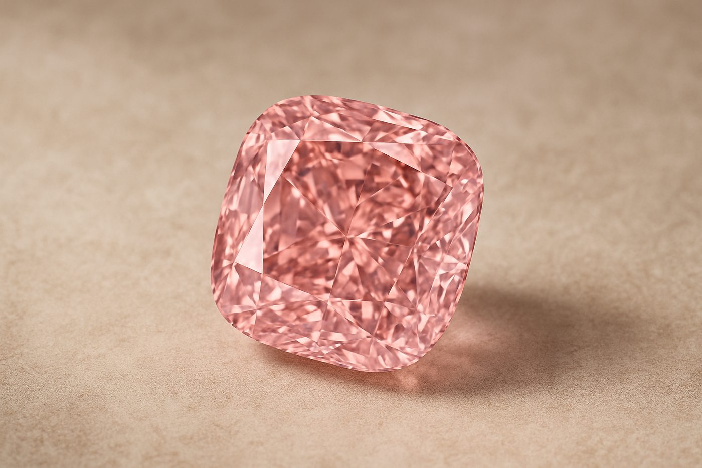 a stunning pink diamond displayed against a soft, neutral background