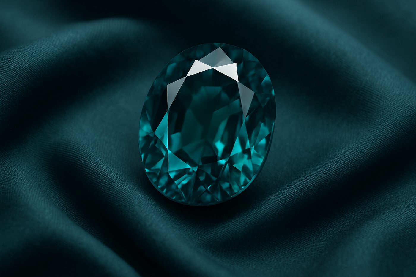 a close-up of a teal gemstone set against a soft fabric background, highlighting its color