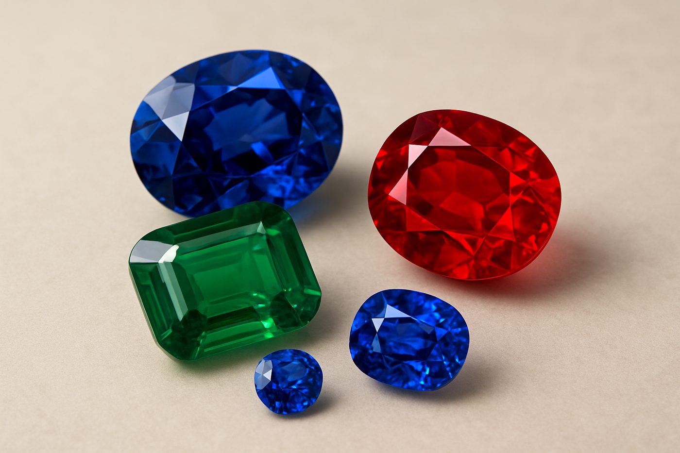 a selection of various gemstones such as sapphire, emerald, and ruby arranged elegantly on a smooth surface
