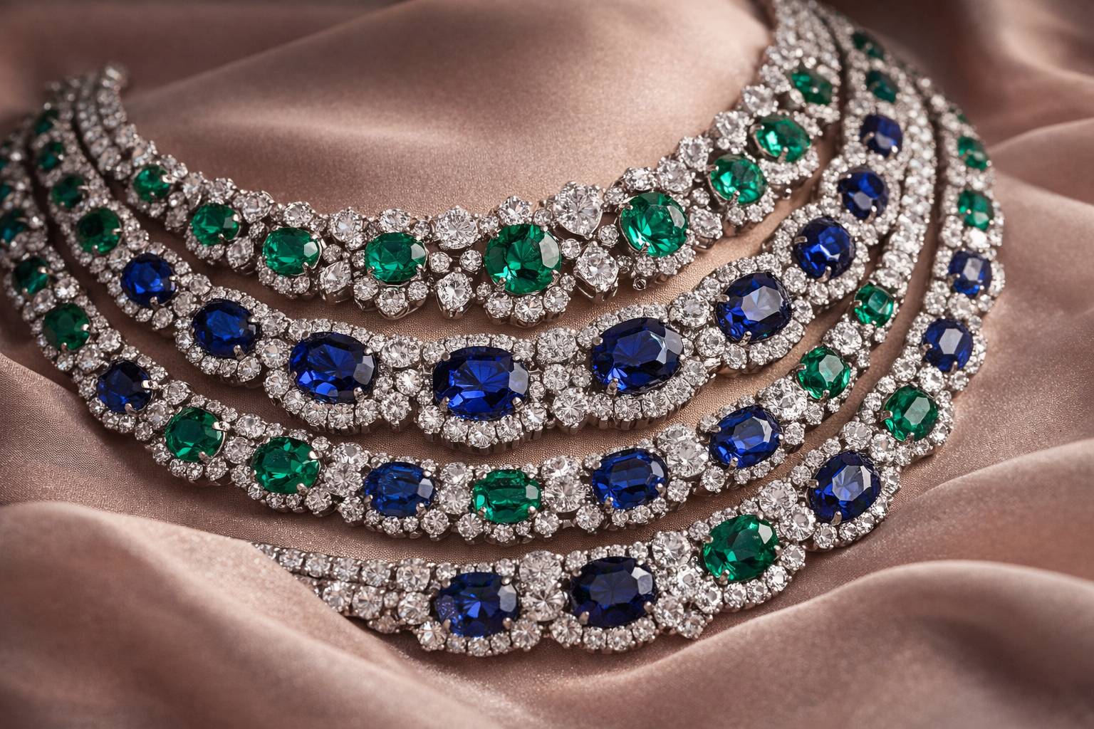 a close-up of sapphires and emeralds layered in a necklace stack, on a soft fabric background