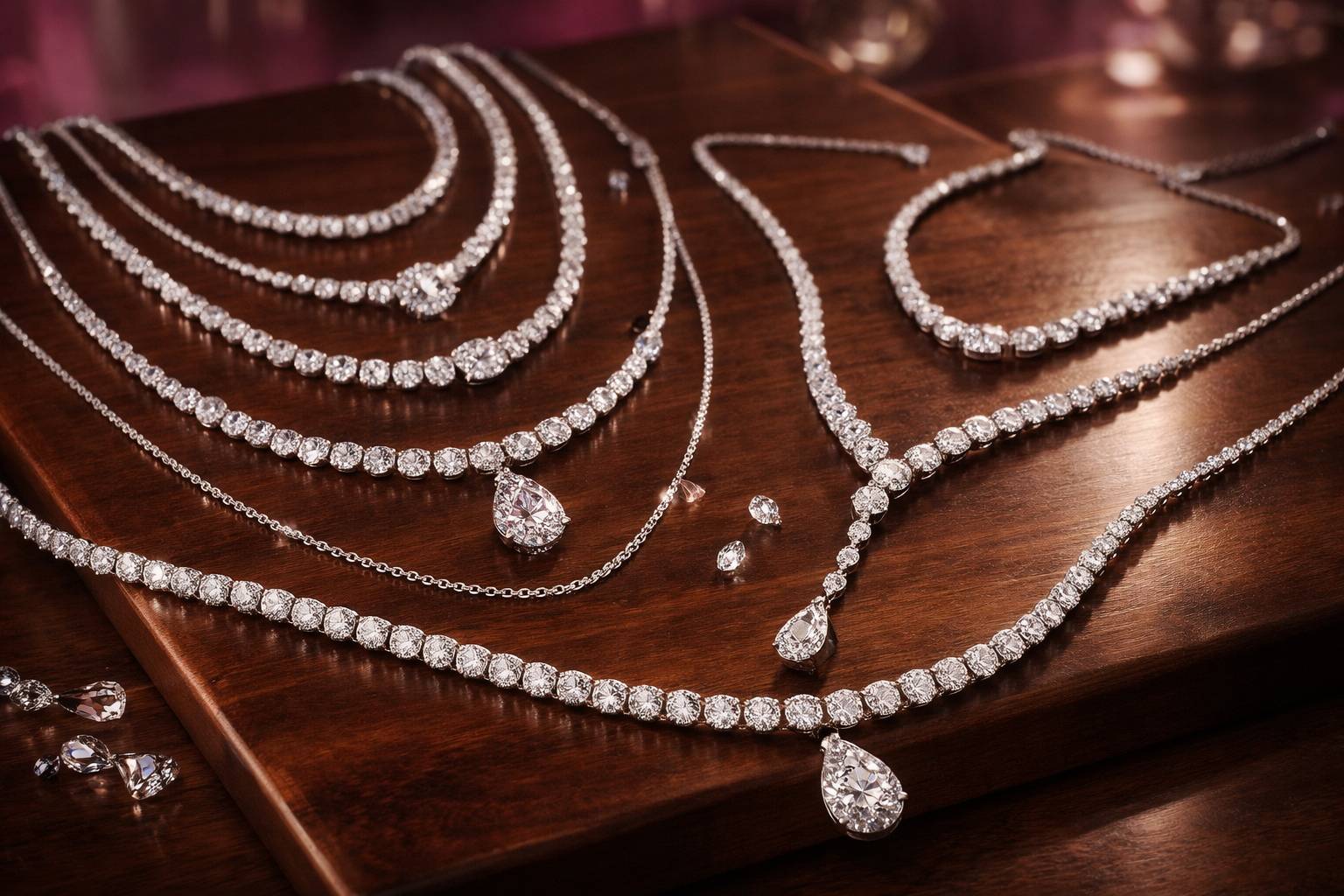 various necklaces of different lengths arranged elegantly on a wooden surface