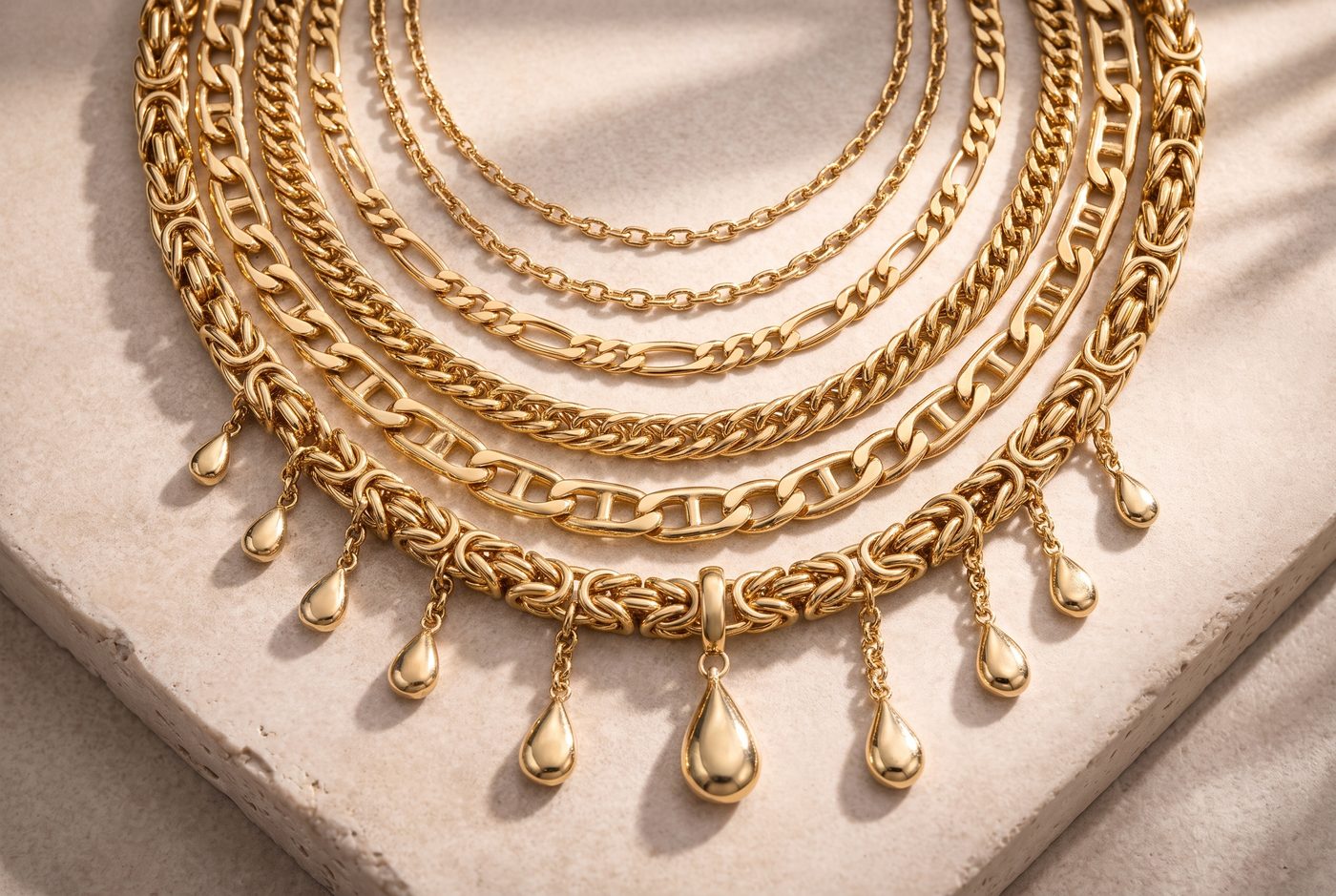 Close detail of solid gold link chains in varying gauges coiled on pale stone