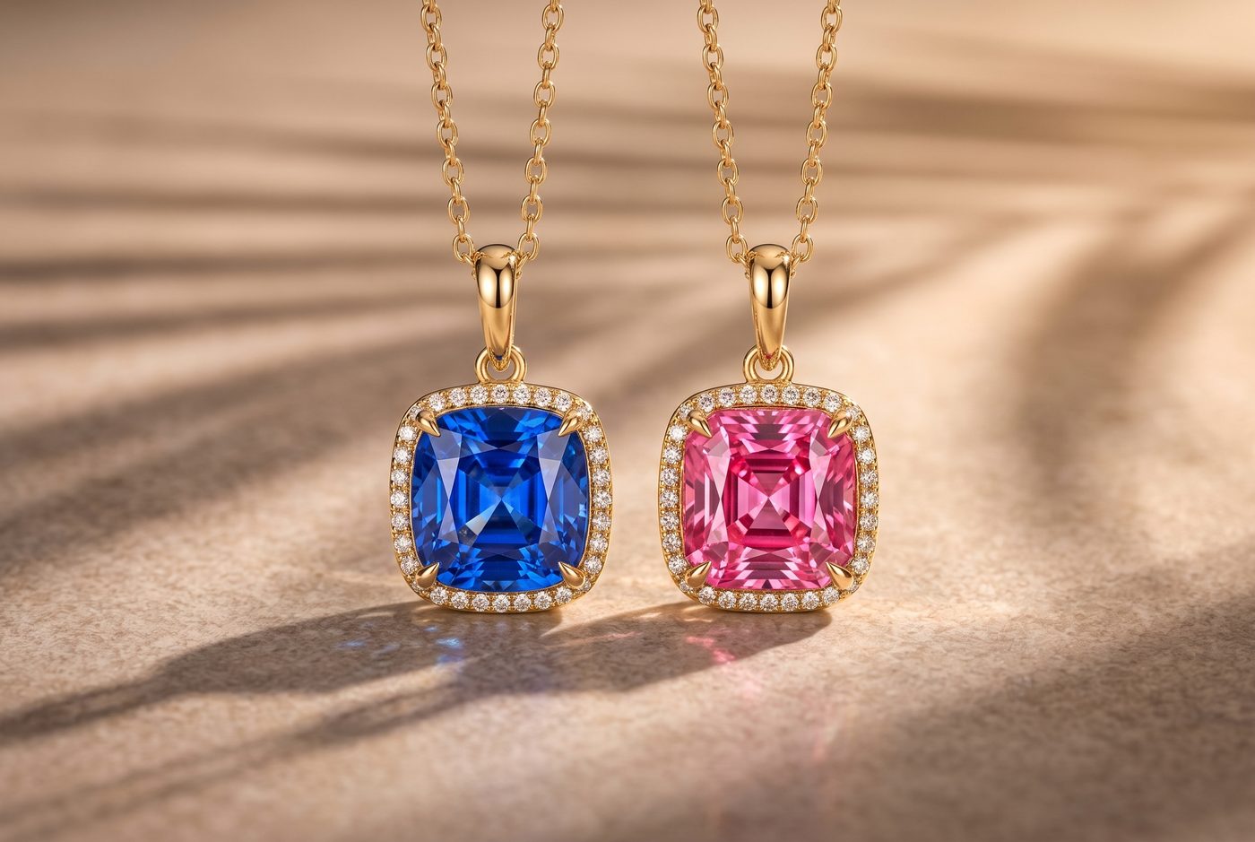 Vivid blue sapphire and pink spinel pendants side by side on fine gold bails
